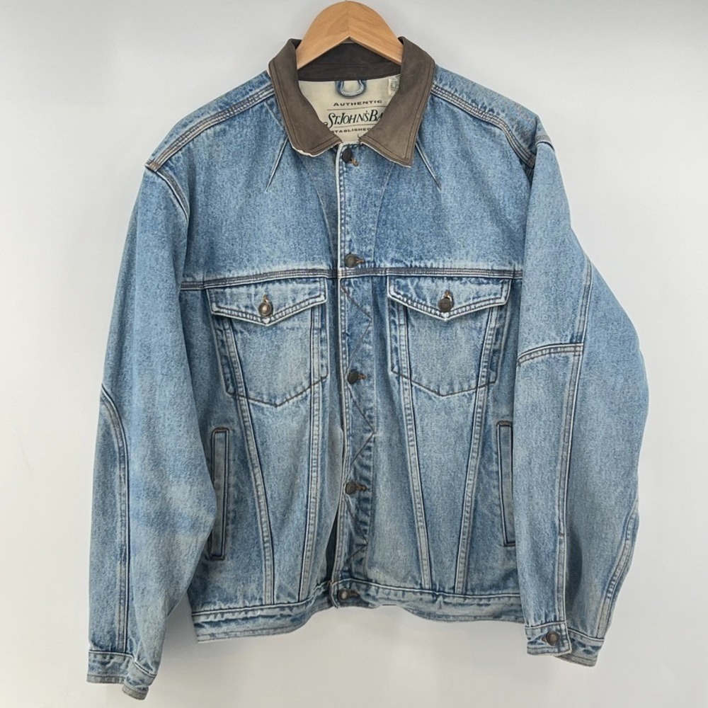 Vintage St Johns Bay Denim Trucker Jacket Men M Leather Collar Blue Jean 90s